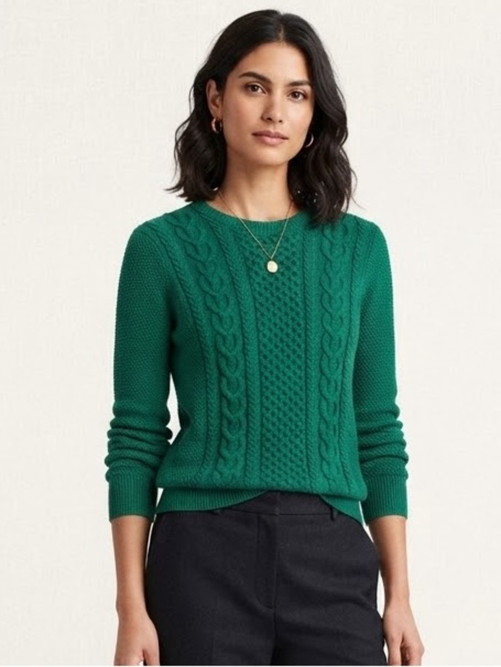 Brooks Brothers Women's Green Preppy Cable Knit Sweater - Classic Crewneck Sz M